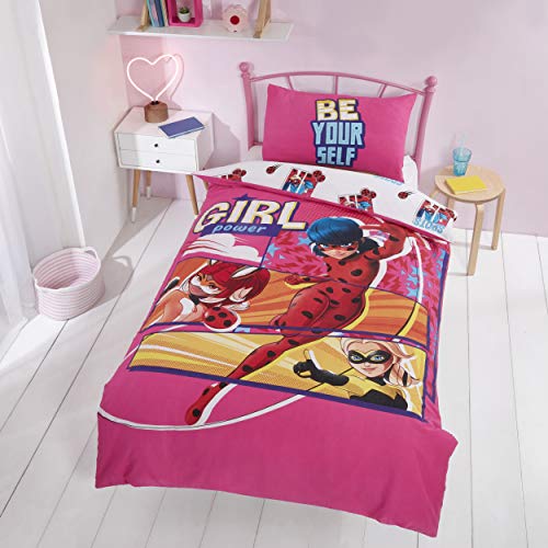 Coco Moon Miraculous Girl Power Ladybug - Juego de funda de edredón y almohada para cama individual, suave, reversible, para niños, ideal para ropa de cama de superhéroe