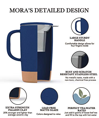 Mora Ceramics Large Tea Mug with Loose Leaf Infuser and Ceramic Lid, 18 oz, Portable, Microwave and Dishwasher Safe, Tall Coffee Cup - Rustic Matte Ceramic Glaze, Modern Herbal Tea Strainer, Deep Blue