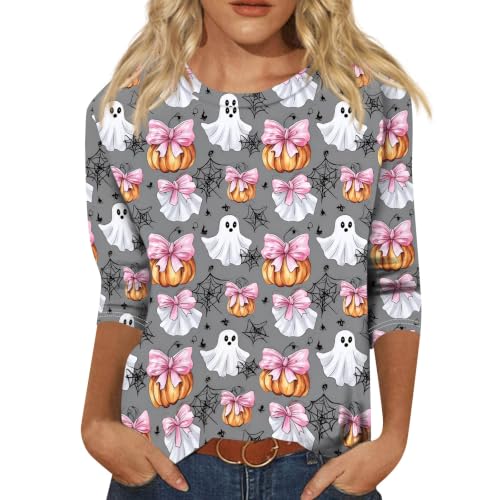 Image of Women Spooky Halloween Graphic Shirt 3 /4 Length Sleeve Crewneck Top | Halloween Funny Printed Pumpkin Plus Size Tshirts 2026 Fall Outfits Skeleton Tee Going Out Tops
