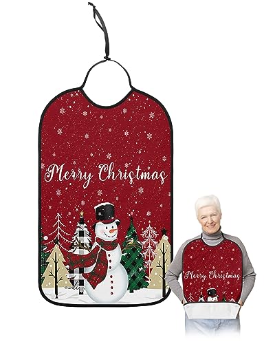 Snowman Red Christmas Adult Bibs for Eating, Waterproof Bibs with Food Catcher & Adjustable Snap Closure, Winter Snowflake Xmas Tree Washable Clothing Protectors Adult Bibs for Elderly Women/Men