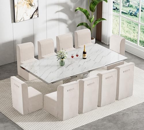 Image of 11-Piece Extendable Dining Table Set for 10, Modern 63 inch-94 inch White Marble Expandable Kitchen Table Set with 10 Sofa Chairs,Large Extendable Dining Room Tables with Mirrored Columnar Base