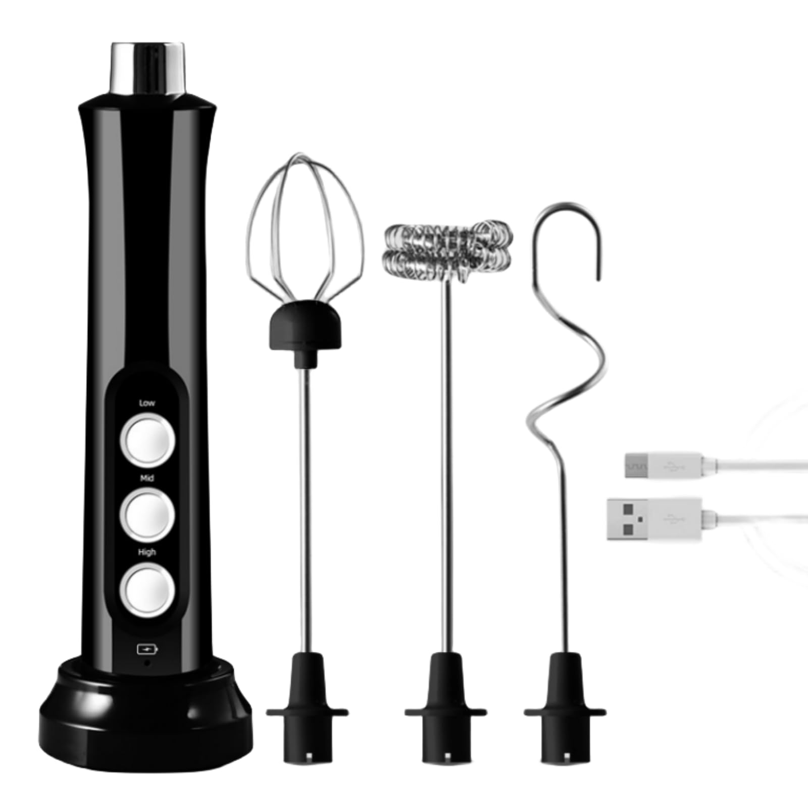 Immersion Blender Handheld, 3-in-1 Hand Blender Electric with USB Rechargeable 3 Speeds, Stainless Steel Blade Stick Blender with Whisk, for Coffee Latte,Hot Chocolate, Egg (Black)