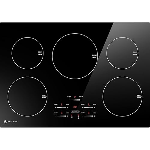 AMZCHEF 30 Inch 10600W Induction Cooktop With 5 BOOST Burners, 9 Levels Electric, Built-in Control by Slide Touchscreen, Child Safety Lock, Independent Timer, No Plug, 240V