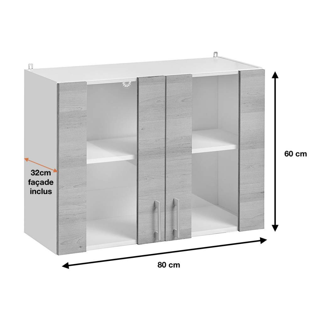 Cuisineandcie - Meuble Haut DE Cuisine ECO Chêne Naturel, 2 Portes Vitrées L60cm + étagère- Meuble Cuisine Rangement, Meuble Cuisine, Armoire Cuisine