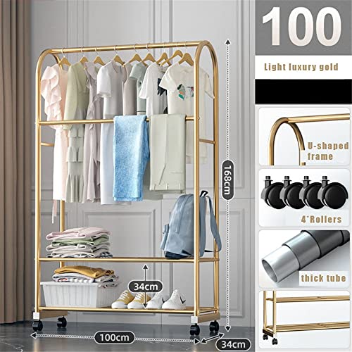 Présentoir à vêtements doré sur roulettes avec double support à chaussures en métal