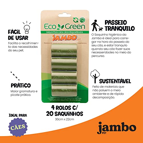 JAMBO PET Saquinhos Higiênico Cata Caca, Eco Green, Kit com 4 Rolos de 20 Un Cada, Refil Resistentes