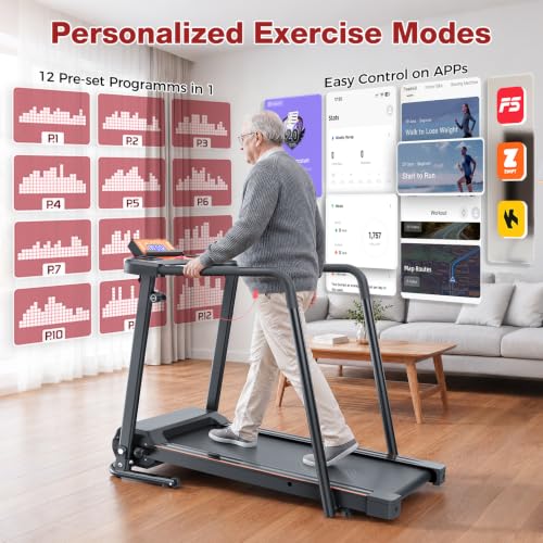 Image of Treadmill for Seniors with Handlebar, Walking Treadmill with APP Control | Treadmill for Home with Long Handrails, 41x14 in Belt, 0.5-6.0 MPH, 12 Preset Programs, Safety Clip, Cushioned Rebound Belt