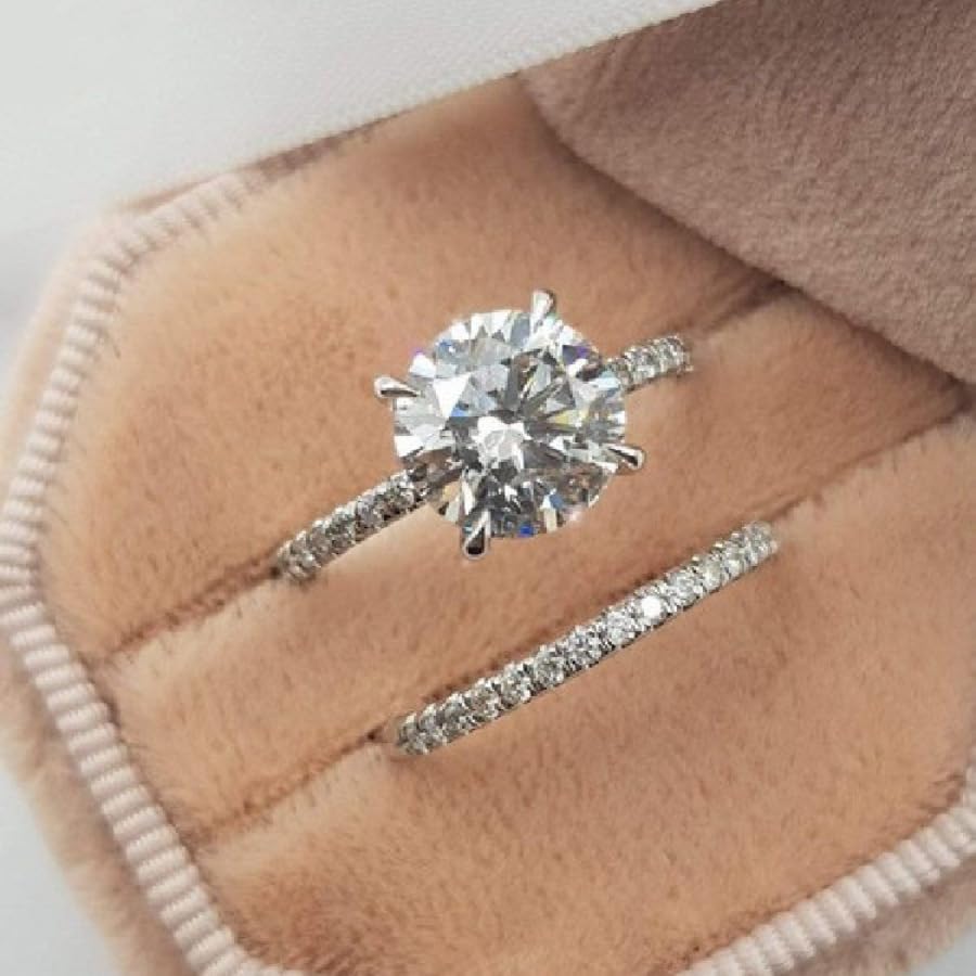 Classic Solitaire Wedding Ring Set for Women, Round Cut Engagement Ring and Eternity Band, Elegant Silver-Tone Bridal Jewelry2