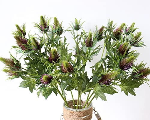Allinlove 4 Bundles Artificial Thistle Spray Eryngo Fake Eryngium Sea Holly Flowers Bouquet Wedding Home Shop Office Restaurant Party Decor Table Centerpiece Flowers Arrangement (Purle Green) #TOP3