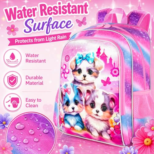 Image of AGSDON 3PCS Backpacks for Girls, 16 inch Elementary Kids Cute Dog Backpack Preschool School Bookbags and Lunch Box