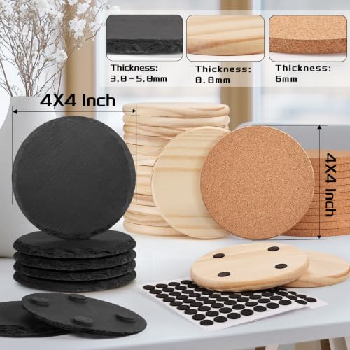 90 PCS Round Blank Coasters Bulk for Laser Engraving, MAPRIAL 4 Inch 100% Natural Black Slate Stone, Pine Wood, Cork, Engravable Materials for Engraver, Gifts, Crafts — view 2