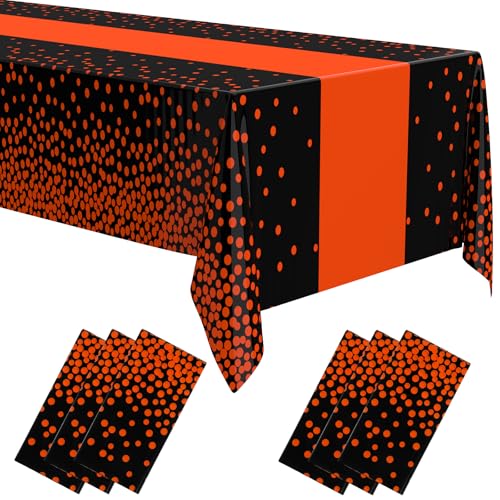 Image of Oudain 6 Pcs Black and Orange Plastic Tablecloth for Parties, Disposable Orange Polka Dot Tablecloths, Waterproof Rectangle Table Cover for Graduation Birthday Wedding Party Decorations, 54 inch x 108 inch