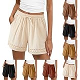 Womens Cotton Linen Shorts Eyelet Hollow Out Hem High Waist Short Pants Drawstring Elastic Loose Fit Summer...