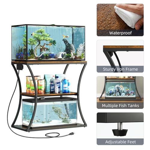HavenlyYouth 20-29 Gallon Fish Tank Stand with Power Outlet, 3-Tier Aquarium Stand with Storage, Heavy Duty Metal Frame Tank Rack for Home Office, 31.5\" L x 15.7\" W x 30.4\" H, Rustic Brown - Thumbnail 3