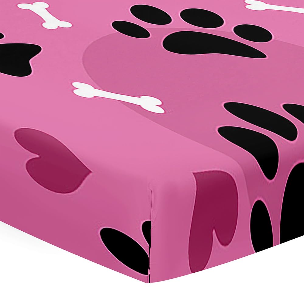 Odot Cot Bed Fitted Sheets Travel Cot Sheets, Cute Dog Paw Print Microfiber Mattress Protector Cozy Breathable Toddler Baby Kids Bedding for Cradle, Cribs, Bassinet (Pink,90x55cm)