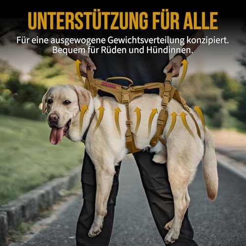 OneTigris Hundegeschirr, Tragehilfe Hund Ganzkörper Mit 2 Schultergurte Abnehmbares, Hund Tragehilfe Verstellbare Rückenlänge für Rüden und Hündinnen, Sicherheitsgeschirr mit 3 Griffen, L Olivgrün
