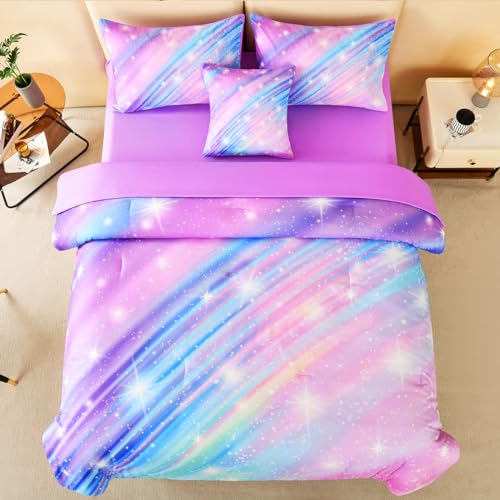 Image of Full Size Bedding Set for Girls, Glitter Rainbow Comforter Set Full, 6 pcs Bed in A Bag Full Size Comforter Sets for Girls Kids, Galaxy Purple Bedding Sets with Sheets