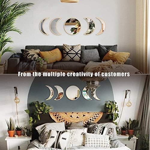 Funnytoy Scandinavian Natural Decor Acrylic Moonphase Mirrors Interior Design Wooden Moon Phase Mirror Bohemian Wall Decoration for Room,Not actual mirrors(Wooden Color)