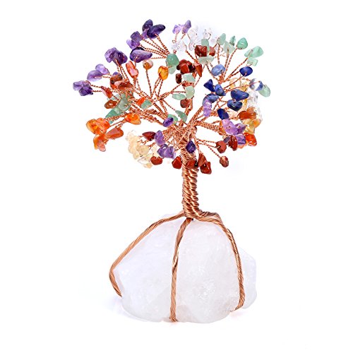 JOVIVI Natural 7 Chakra Tumbled Stones Tree Money Crystal Quartz Money Tree Feng Shui Tree of Life Ornament Reiki Crystals Office Table Decoration for Living Room Wealth and Luck