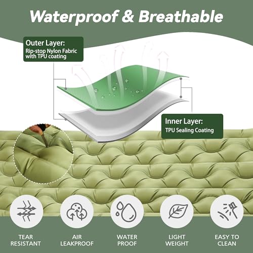 Image of Double Camping Pad 5 inch Ultra-Thick with Pillow & Built-in Foot Pump | Sleeping Mattress，Compact 2-Person Portable Camping Mat for Backpacking, Hiking, Car Traveling, Beach, Tent