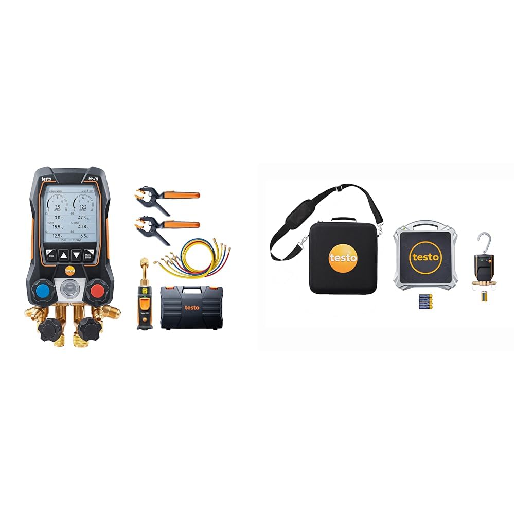 Testo 557s Kit I App Operated Digital Manifold, 2 x testo 115i Pipe Clamp Thermometer, 1 x testo 552 & 560i App-Operated Refrigerant Scale Set – Reloading Scale with Valve and Carrying Bag – Incl.