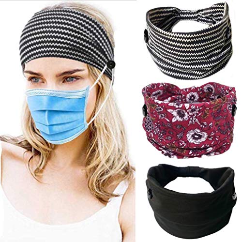 Nursing Headbands with Buttons, 3 Pack Fashion Headbands, Non Slip Elastic Headbands for Women Ears Protection