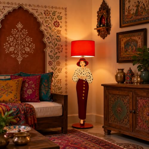 Image of THE GRANDEUR Artistic Female Floor Lamp with Red Fabric Shade, 155 cm | Warm Ambient Lighting, Stable 28 cm Base, Fashion-Inspired Design, Living Room & Bedroom, Statement Decor Piece