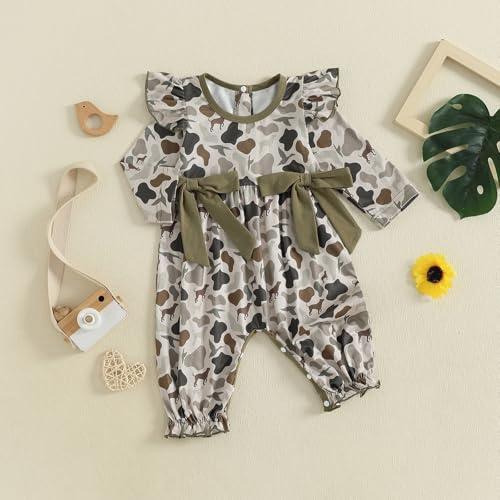 Newborn Baby Girl Fall Outfit Duck Hunting Camo Long Sleeve Smocked Romper Ruffle Jumpsuit Infant One Piece Clothes3