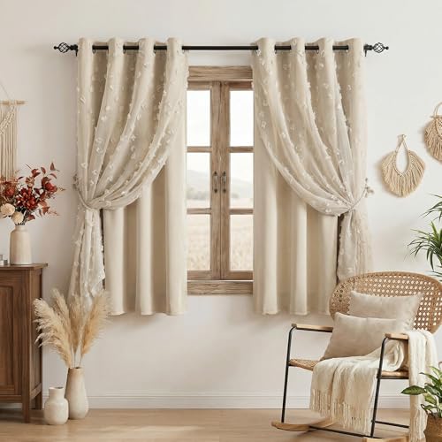 Image of MYSKY HOME Double Layer Curtains for Girls Bedroom Kids Curtain Beige Pom Pom Sheer Window Curtains 2 Panels Beige Curtains Grommet Room Darkening Solid Nursery Curtains 63 Inches Length, W52 X L63