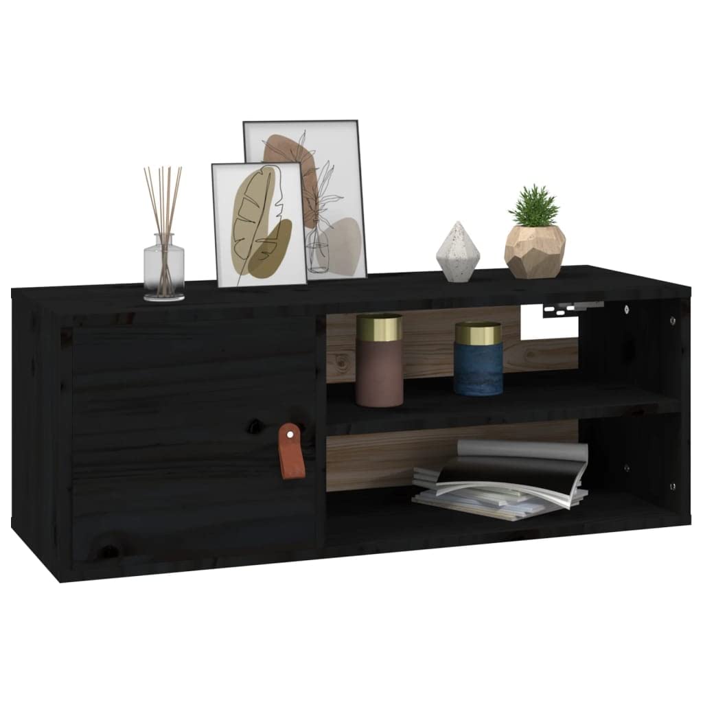 Générique Armadio da parete nero, 80 x 30 x 30 cm, in legno di pino massiccio, mensola da parete con 4 scomparti e 1 anta per riporre libri, riviste e DVD
