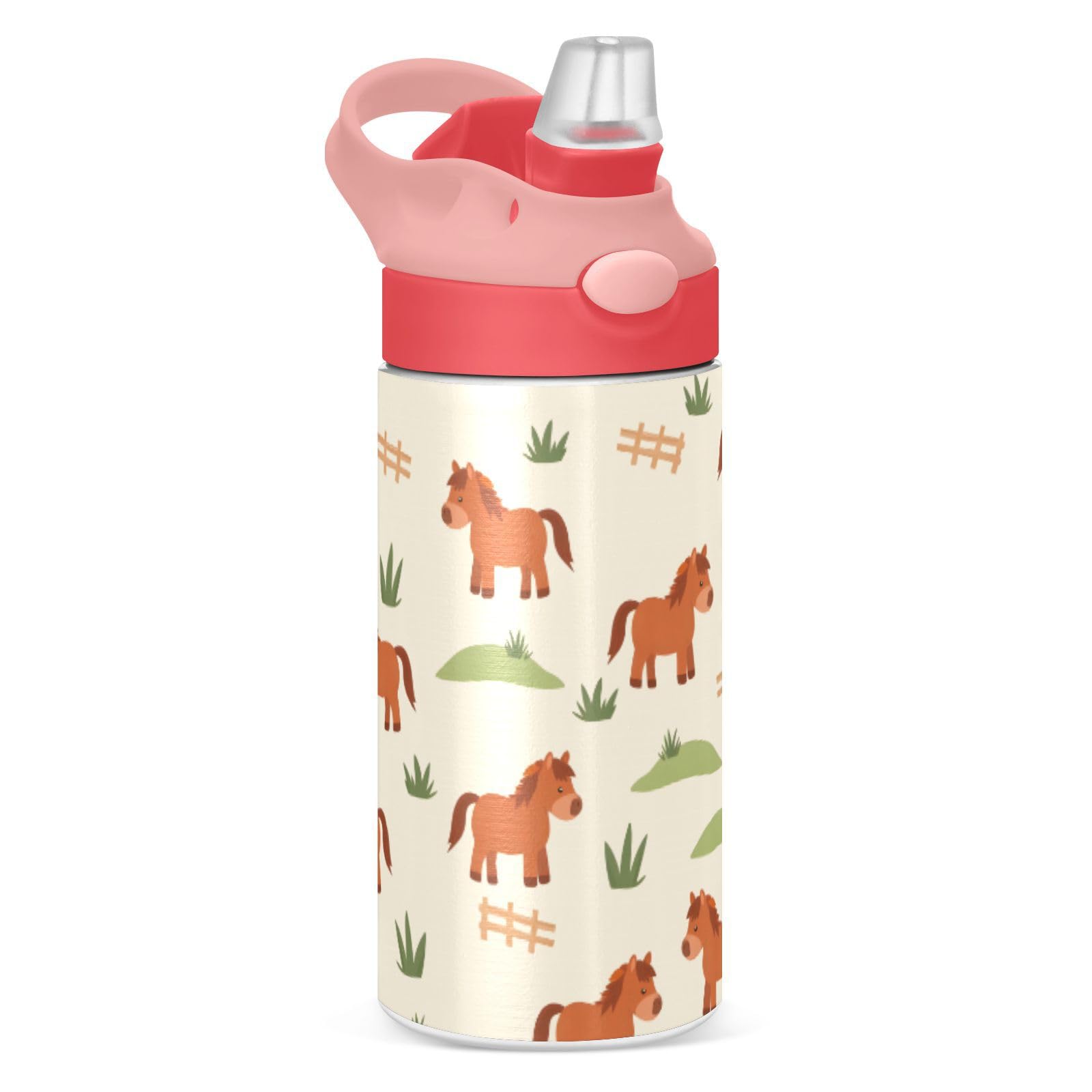 Horse Grass Fence Kids Water Bottle with Straw Lid 12oz Stainless Steel Cup Insulated Tumbler for Toddlers Girls
