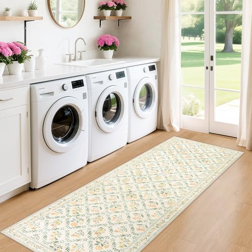 Runner Rug for Entryway: 2x6 Kitchen Rugs Non Slip Washable Ultra-Thin Soft Floral Carpet Indoor Floor Stain Resistant Carpets for Hallway Bedroom Kitchen Laundry Bathroom Dorm Beige/Multi