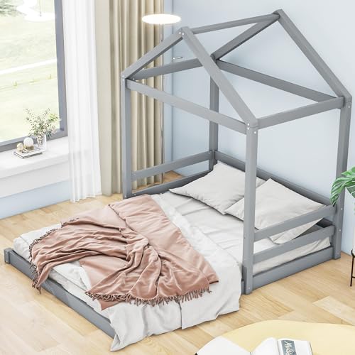 Full-Size-Wood-House-Bed-with-GuardrailHouse-Shaped-Floor-BedWooden-Bedframe-with-Roof-for-Kids-Teens-Boys-or-GirlsNo-Box-Spring-RequiredEasy-to-AssembleGrey Full Size Wood House Bed with GuardrailHouse Shaped Floor BedWooden Bedframe with Roof for Kids Teens Boys or GirlsNo Box Spring RequiredEasy to AssembleGrey