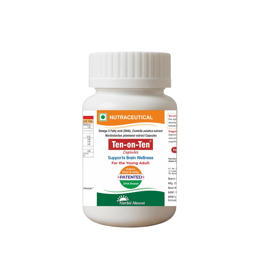 Herba Neuva Ten-on-Ten Capsules Veg Essential Omega -3 (DHA) with herb extracts Supports Brain Function in Grown-ups - 60 Capsules-image-4