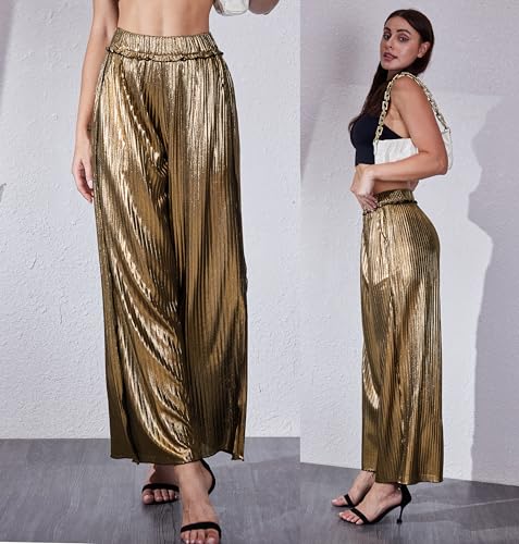 heipeiwa Women's Metallic Wide Leg Palazzo Pants Rib Pleated Raw Hem Party Club Sequin Slacks Pant3