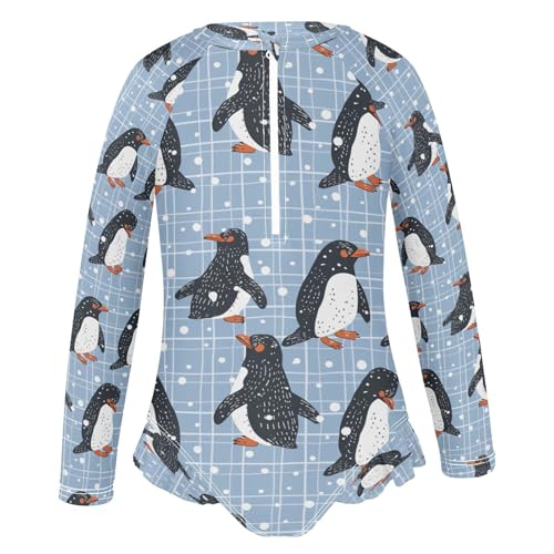 Penguins Plaid Blue Girls Long Sleeve Swimsuits One Piece Zipper Bathing Suit UPF 50+ Rashguard Swimwear2