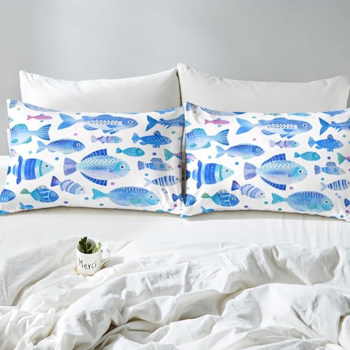 Image of jejeloiu Cartoon Fish Bed Sheets Sets Full Size Kids Boys Girls Marine Theme Bedding Set Ocean Sea Animal Bed Sheet Set with 16-Inch Deep Pockets Blue White 4Pcs with 2 Pillow Cases