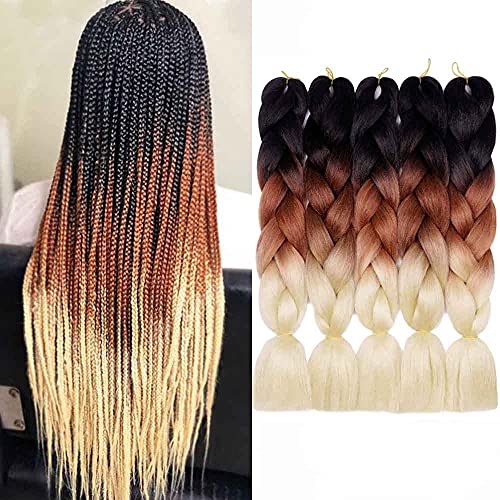 AIDUSA Color Braiding Hair 5pcs Synthetic Braids Hair Extensions 24 Inch Three Tone Brown to Blonde Braids for Box Braids Twist Crochet Braids 100g (#C15 Black to Brown to Blonde)