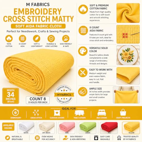 Image of M Fabrics 3 Meters Yellow Aida Matty Fabric 8 Count 34 Inch Width | Cotton Cross Stitch Embroidery Cloth Soft Needlework Fabric for Cushion Covers Table Covers Craft Sewing - 3 Meters Yellow
