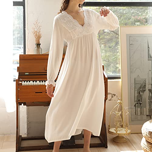 Lu's Chic Women's Long Sleeve Victorian Nightgown Cotton Pajama Dress Sleep Vintage Night Gown Soft V Neck Lace Luxury Sleepwear Calf Length Solid White Large #TOP4