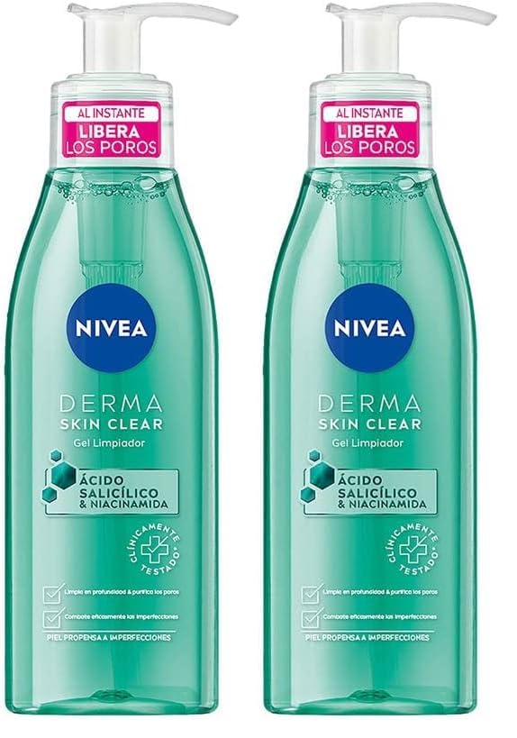 NIVEA Derma Skin Clear Gel Limpiador (150 ml), limpiador facial para pieles propensas a imperfecciones con fórmula vegana, limpiador de poros (Paquete de 2)