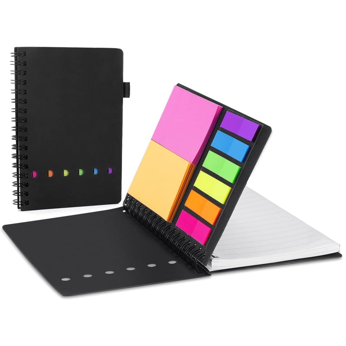 AGPTEK Carnet à Spirale avec Notes Colorées, Bloc Note Couverture Kraft, Cahier Spirale avec Porte-Stylo, Notes Autocollantes pour Étude et Bureau Noir