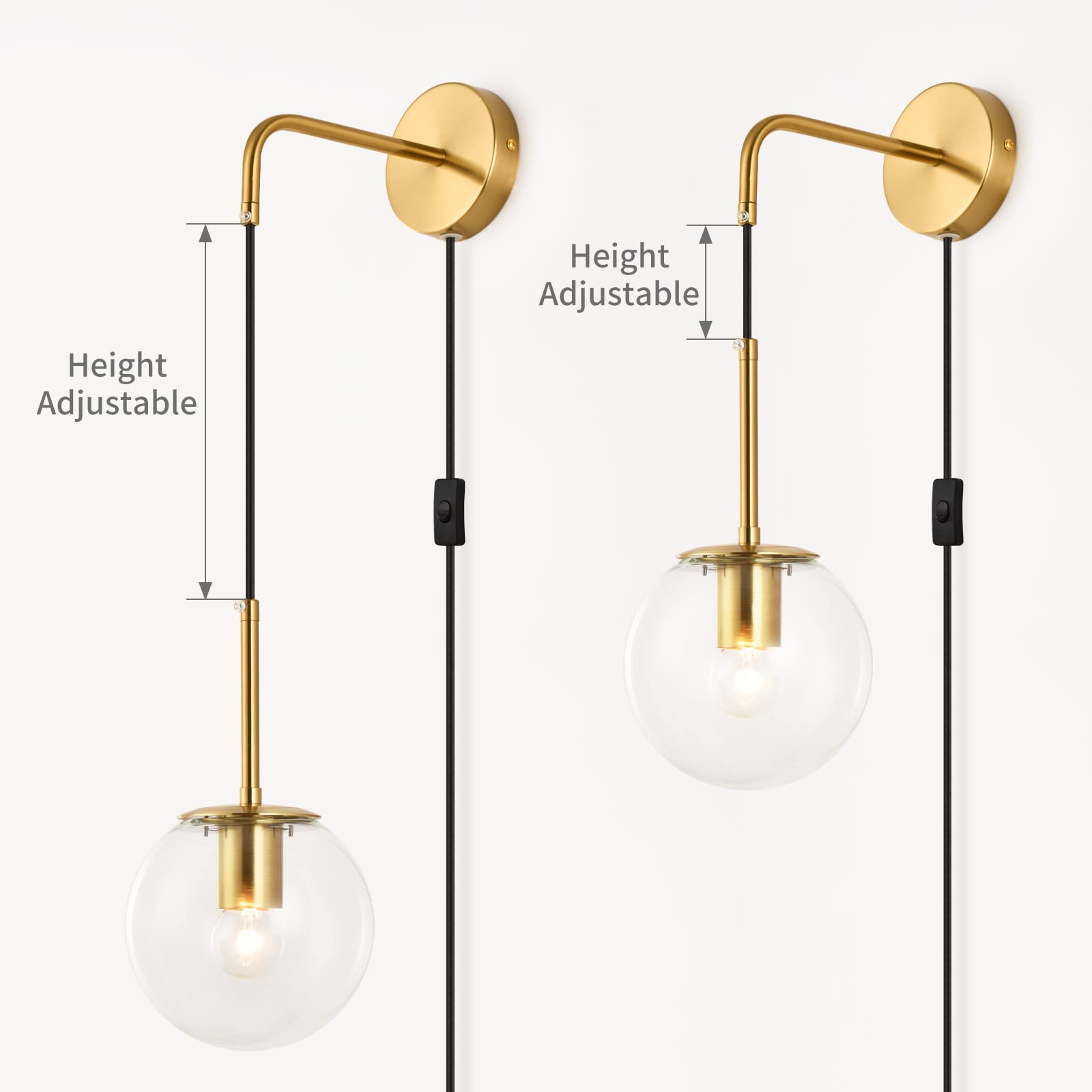 AnvFlik ã€?Set of 2ã€‘ Mid-Century Modern Glass Globe Wall Sconce - Gold Hanging Plug-in Wall Lamp for Bedroom, Living Room, Hallway - Add a Unique Charm to Your Home