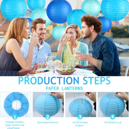 Image of 15-Pack Blue Paper Lanterns, Hanging Party Decorations | Dark-to-Light Gradient Shades in 6, 8 & 10 Inch Sizes for Boy Baby Showers, Graduations, Men's Birthdays, Ocean Themes