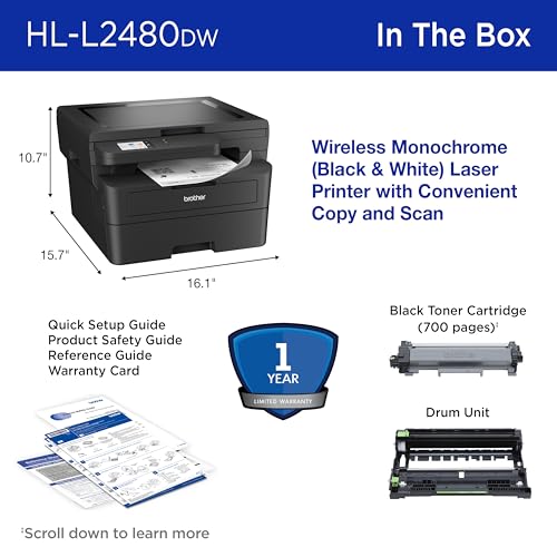 Image of Brother HL-L2480DW Wireless Compact Mobile Monochrome Multi-Function Laser Printer with Copy, Scan, Duplex, Black & White Output | Includes Refresh Subscription Trial(1), (Renewed Premium)