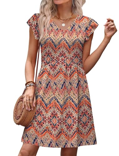 Image of OFEEFAN Summer Dresses for Women Beach Vacation Clothes V Neck Ruffle Sleeve Babydoll Dress Elegant Classy Sundress