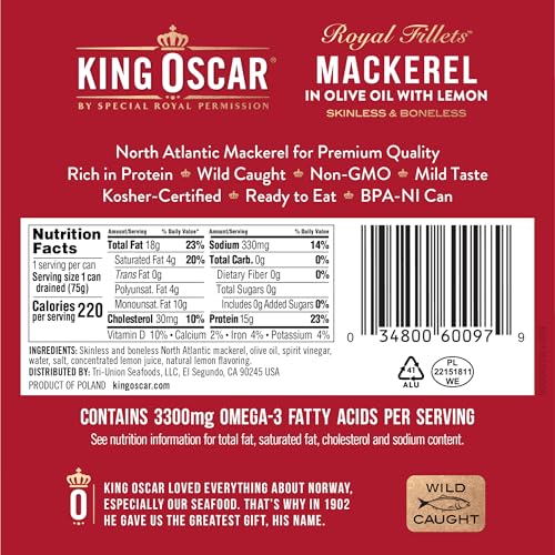 Image of King Oscar Mackerel in Olive Oil with Lemon, 4.05 Ounce Cans (Pack of 12), Skinless & Boneless, Wild Caught Canned Mackerel (Packaging May Vary)