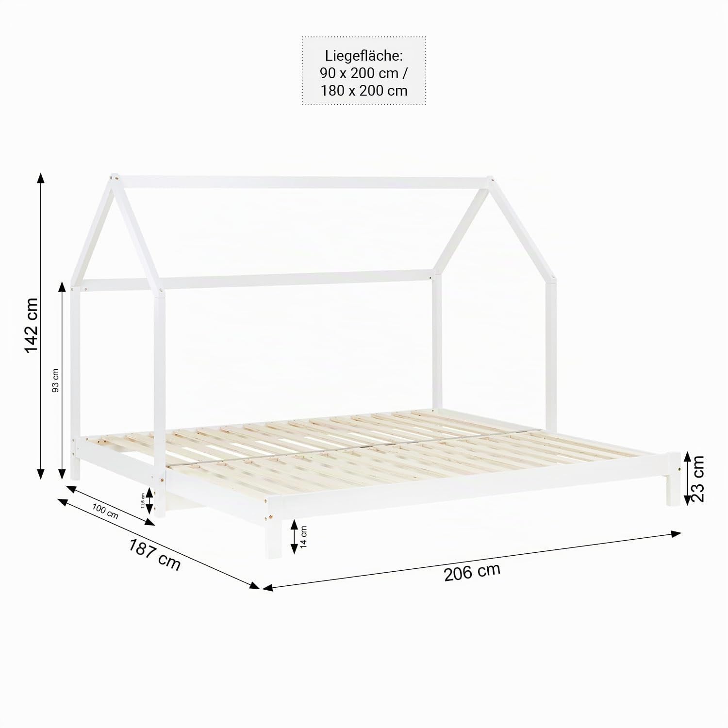 Homestyle4u Hausbett 90x200 Weiß - Montessori Bett Kinderbett Ausziehbar | Bodenbett aus Kiefer Massivholz mit Lattenrost, Gästebett für das Kinderzimmer, Kinder Bett mit Bettgestell in Weiß