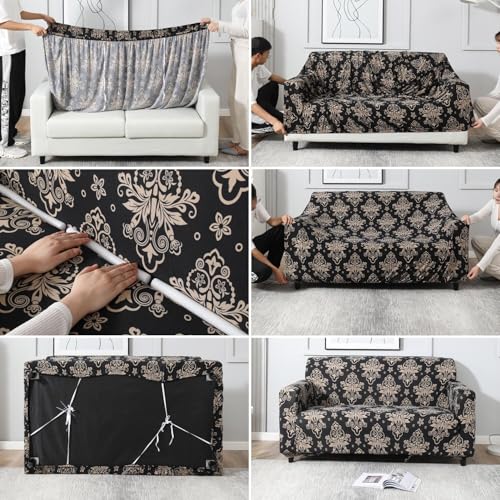 Image of Universal 3 Seater Sofa Cover with Elasticity, Protective, Stretchable, Spandex & Polyester Sofa Slipcover (3 Seater, 185cm * 230cm) (Coffee Dhamask)