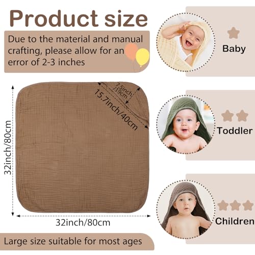 Image of Peryiter 6 Pcs Muslin Hooded Baby Towels, 32 inchx 32 inch Cotton Newborn Bath Towel Muslin Infant Baby Blankets Absorbent Unisex Newborn Registry Gift Essentials for Girls Boys (Brown)